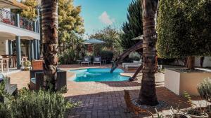 a dolphin jumping out of a swimming pool between two palm trees at Pictures Guest House Boutique Hotel in Oudtshoorn