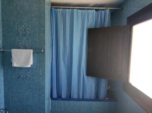 ヴィラ・ノヴァ・デ・ミルフォンテスにあるCasa das Hortências By Alojamentos Vitinho - Vila Nova MIlfontesのバスルーム(青いシャワーカーテン付きのシャワー付)