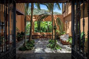 um pátio exterior com palmeiras e um sofá em Hotel Emblemático San Marcos em Icod de los Vinos