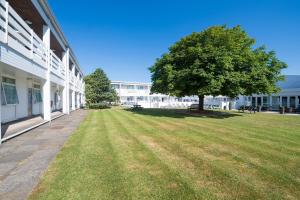 a large grass field next to a building with a tree at The Barnstaple Hotel in Barnstaple