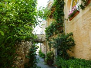 an alley between two buildings with plants at Chambres et gîtes du clocher in Vallon-Pont-dʼArc
