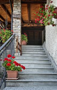 una rampa di scale con fiori rossi in vasi di La Corte Di Nando a Varzi