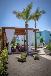 an outdoor wedding with a wooden pergola and palm trees at Club Vista Serena in Maspalomas