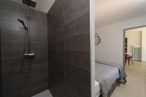 a bathroom with a shower with black tiles at Les Lodges du Pic in Saint-Jean-de-Cuculles