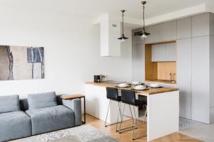 a kitchen and a living room with a couch at LuxLux Apartments Silver Dove in Warsaw
