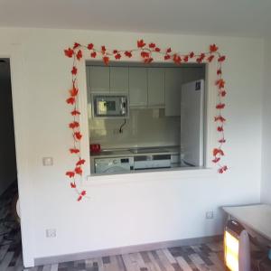 un espejo en la cocina con una decoración roja en la pared en Estudio romántico en Puerto De Navacerrada en Cercedilla