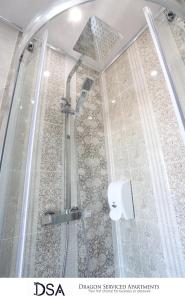 a shower with a glass door in a bathroom at Birmingham Central Station Apartment (Flat 2) in Birmingham