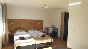 a hotel room with two beds and a desk at WODNIK usługi hotelarskie, apartamenty in Rowy