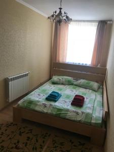 een slaapkamer met een bed met 2 kussens en een raam bij Apartments Private in Truskavets