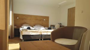 a bedroom with a bed and a chair and a table at WODNIK usługi hotelarskie, apartamenty in Rowy +15 photos