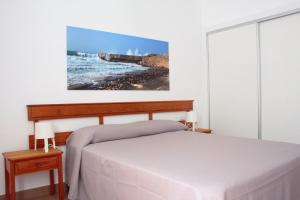 プエルト・デル・ロサリオにあるApartamentos Tao Sergioのベッドルーム1室(ベッド1台付)が備わります。壁には絵画が飾られています。