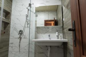 a bathroom with a sink and a shower at Vege & Vegan Restaurant and Accommodation in Novi Sad