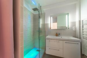 カーニュ・シュル・メールにあるL'Ascot Appartement, plages à 300m, vue hippodromeのバスルーム(シャワー、洗面台、鏡付)