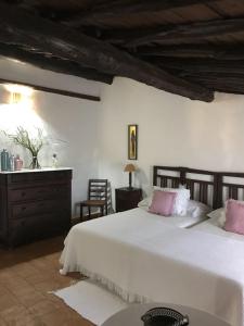 a bedroom with a large white bed with pink pillows at Casa Rural Donatila in Villasbuenas de Gata +51 photos