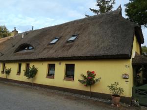 una casa amarilla con techo de paja en Ferienwohnung Otto, en Rappin