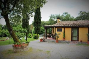 une petite maison jaune avec des plantes dans un parc dans l'établissement Casa San Francesco, à Radicofani