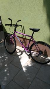 a purple bike parked next to a green wall at Apartmani Vila Dadić in Karlobag