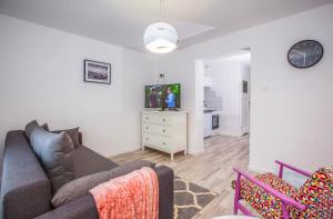 un salon avec un canapé et une télévision dans l'établissement Lawendowe domki apartamenty, à Władysławowo