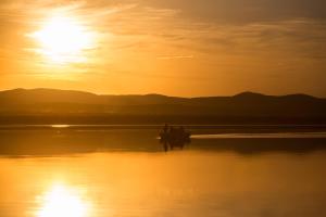 two people on a boat in the water at sunset at Shayamanzi Houseboats in Jozini