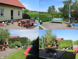 four pictures of a picnic table and a playground at Całoroczny dom nad morzem in Rusinowo