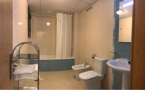 a bathroom with a toilet and a sink and a shower at Apartamentos Prado in Peniscola