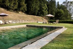 a swimming pool in a yard with chairs and umbrellas at Relais La Torre in Chiassa Superiore +16 photos