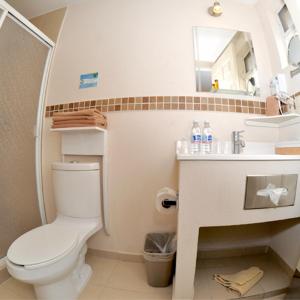 uma casa de banho com um WC, um lavatório e um espelho. em Hotel Interforum em León