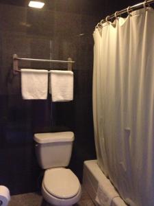 a bathroom with a toilet and a shower curtain at All 8 Motel in Azusa