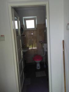 a small bathroom with a red toilet and a window at Casa Stelutele Marii in Costinesti