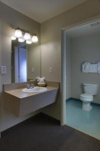 a bathroom with a sink and a toilet and a mirror at Aladdin Inn and Suites in Portland