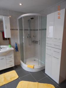 een badkamer met een douche en een wastafel bij Geary Ferienwohnung in Klotten