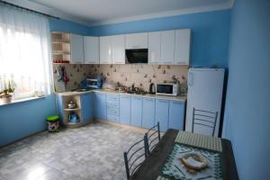 a blue kitchen with a table and a refrigerator at U Maksa in Solochyn