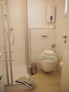 ein Bad mit einem WC und einer Dusche mit Handtüchern in der Unterkunft Oceanbreeze in Scharbeutz