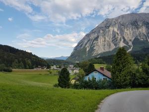 ein Haus an der Seite einer Straße mit einem Berg in der Unterkunft Hotel Tauplitzerhof in Tauplitz