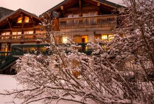 a snow covered tree in front of a house at La Ferme du Château in La Chapelle-dʼAbondance