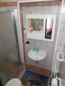 y baño pequeño con lavabo y ducha. en Capital Bed Porto Cesareo, en Porto Cesareo