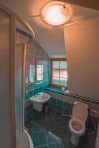 a bathroom with a toilet and a sink at Penzión Weinerovka Varín in Žilina