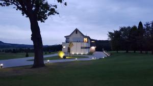 Golf Resort Česká Lípa في نوفي بور: منزل أبيض كبير مع أضواء في الفناء