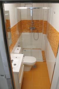 a bathroom with a shower and a toilet and a sink at Kiana Mirador Puerto Sherry con parking in El Puerto de Santa María +15 photos