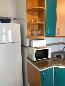 a kitchen with a white refrigerator and a microwave at Damas 3 in Cáceres +13 photos