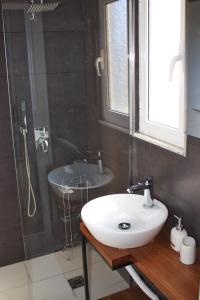 a bathroom with a white sink and a shower at Apt 16-Tirana Very Central Apartment in Tirana