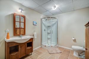 Un baño con ducha, lavabo e inodoro. en Entre roc et montagne, en L'Anse-Saint-Jean 17 fotos más