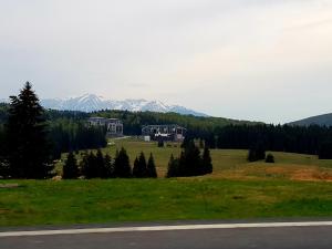 a house in a field with mountains in the background at Apartment Poiana Brasov in Poiana Brasov