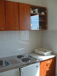 a kitchen with a stove and a sink and cabinets at Apartments Mladina in Mimice