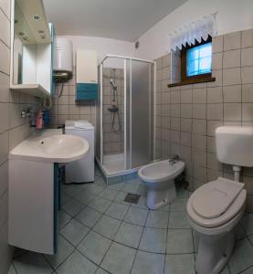 a bathroom with a toilet and a sink and a shower at Holiday House Vodice na Lazu in Strmica