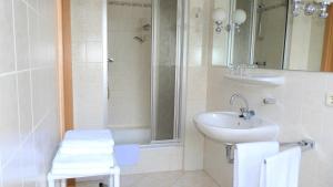 a bathroom with a sink and a shower at Hotel Mühlenhof in Heidenau