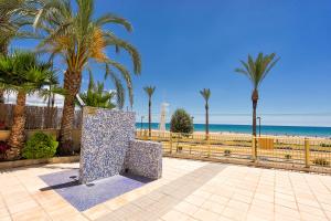 ławka przed plażą z palmami w obiekcie Primera Linea Playa San Juan w mieście El Campello
