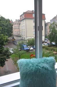 ein blaues pelziges Kissen auf einem Fensterbrett in der Unterkunft Tawerna Rybaki Old Town in Danzig