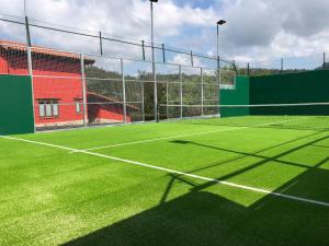 una pista de tenis con una pista de tenis verde en Hotel Tejera del Nalon en Soto del Barco