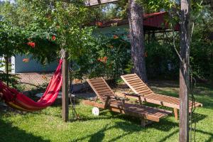 two chairs and a hammock in a yard at Maistros Holiday Home in Vourvourou
